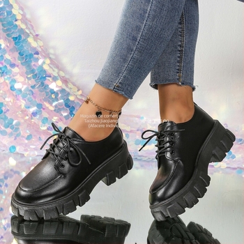 Loafers dama în stil coreean, PU piele pe suprafață, vârf rotund, toc mediu 3-5 cm, talpă din cauciuc