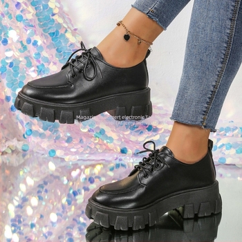 Loafers dama în stil coreean, PU piele pe suprafață, vârf rotund, toc mediu 3-5 cm, talpă din cauciuc