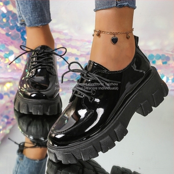 Loafers dama în stil coreean, PU piele pe suprafață, vârf rotund, toc mediu 3-5 cm, talpă din cauciuc