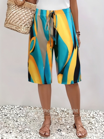 Șorturi de vară pentru femei, cu imprimeu, lungime medie, stil casual european-american, fără elasticitate