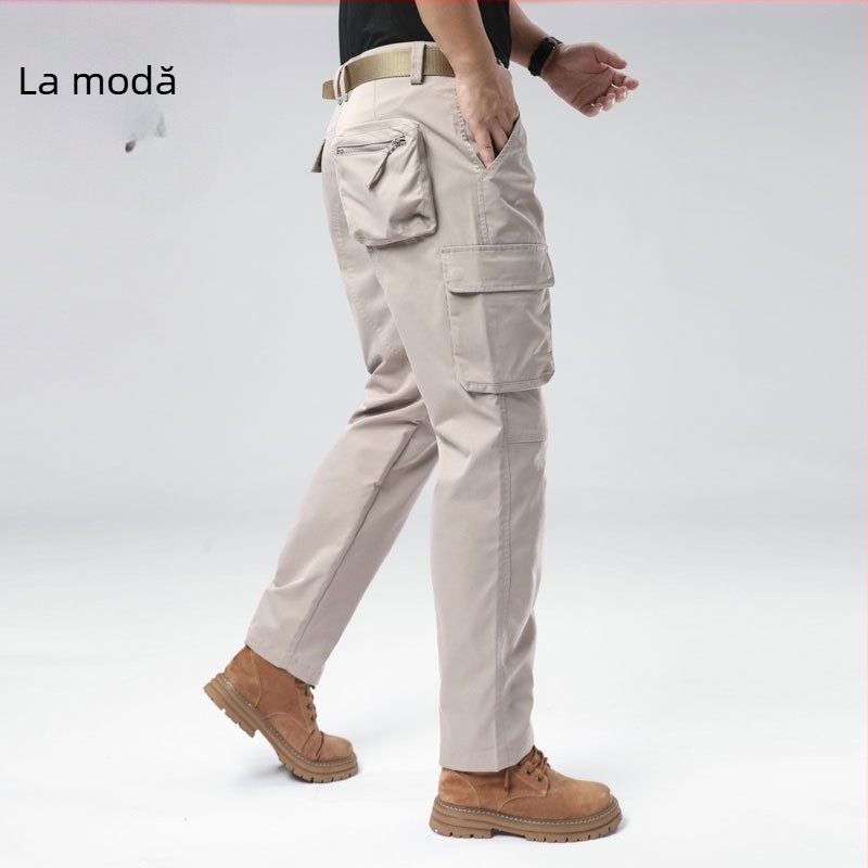 Pantaloni cargo casual pentru bărbați, croială lejeră, talie medie, fermoar, 100% poliester