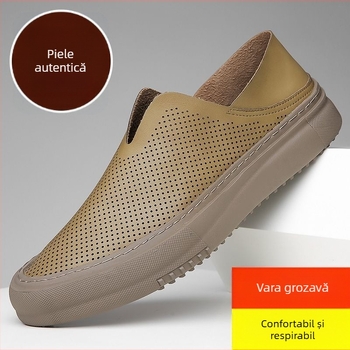 Loafers bărbați din piele naturală, perforați, respirabili, slip-on, talpă din cauciuc