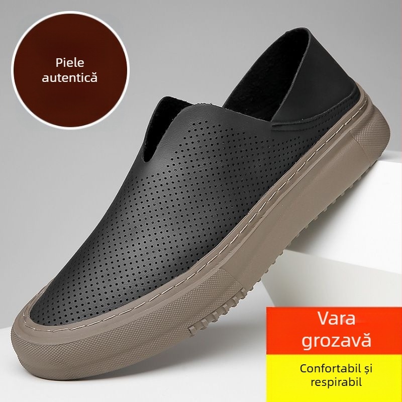 Loafers bărbați din piele naturală, perforați, respirabili, slip-on, talpă din cauciuc