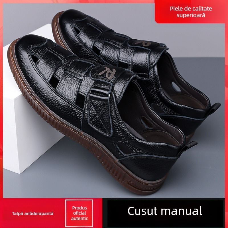 Sandale din piele de vită, strat superior din piele de vită, design respirabil perforat, închidere Velcro, talpă moale anti-derapantă, pentru bărbați de vârstă mijlocie 40–60 ani