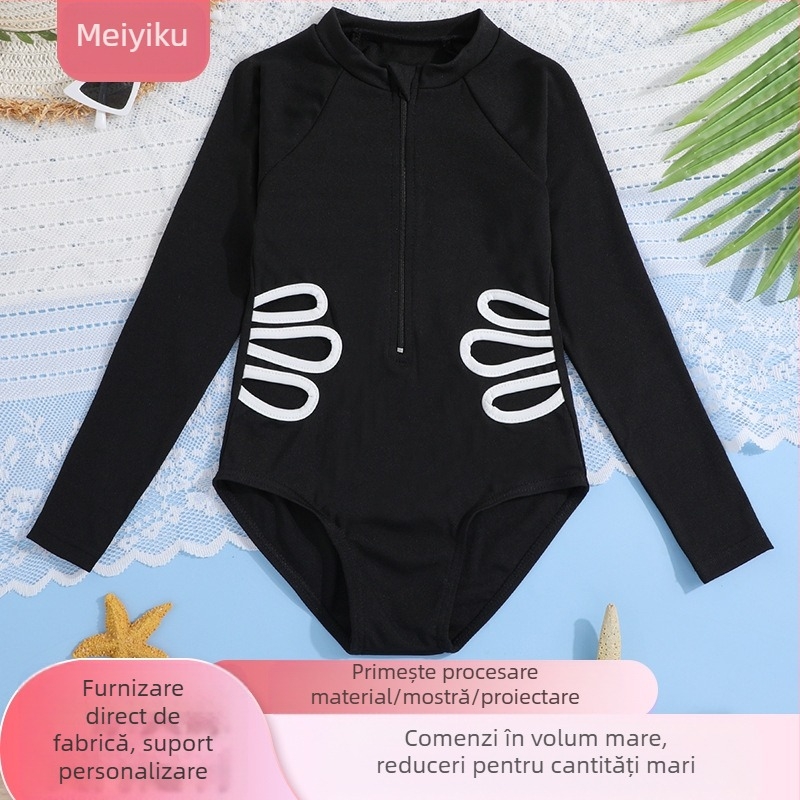 Costum de baie întreg pentru fete, cu mâneci lungi și fermoar, țesătură tricotată; compoziție 95% poliester, 5% spandex; căptușeală poliester.