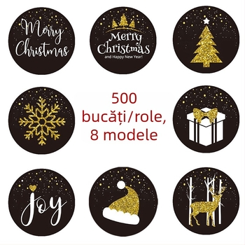 Etichetă circulară neagră de Crăciun pentru ambalarea cadourilor, imprimare color, adeziv topit la cald, material adeziv laser non-uscat, rezistență la 65°C, personalizare disponibilă