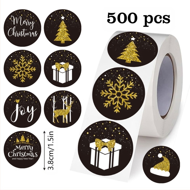 Etichetă circulară neagră de Crăciun pentru ambalarea cadourilor, imprimare color, adeziv topit la cald, material adeziv laser non-uscat, rezistență la 65°C, personalizare disponibilă