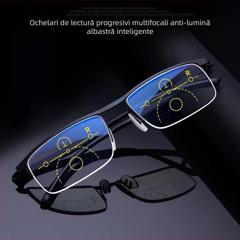 Ochelari de citit cu lentile din rășină, ramă metalică semi-încadrată, formă pătrată