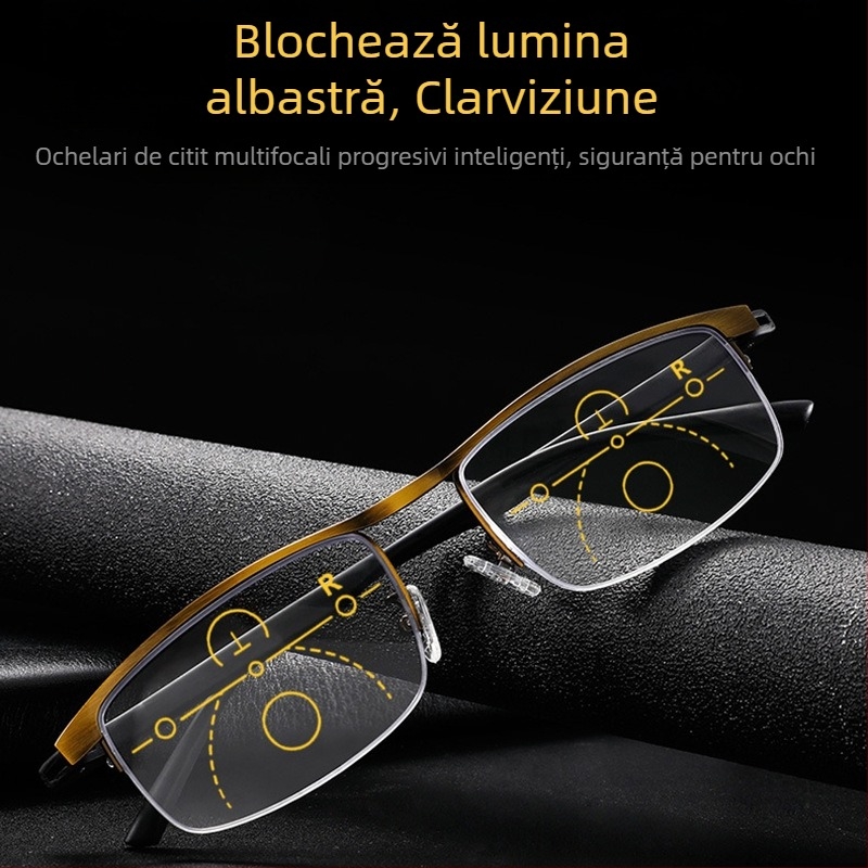 Ochelari de citit cu lentile din rășină, ramă metalică semi-încadrată, formă pătrată