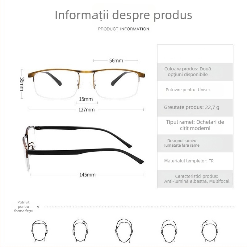 Ochelari de citit cu lentile din rășină, ramă metalică semi-încadrată, formă pătrată