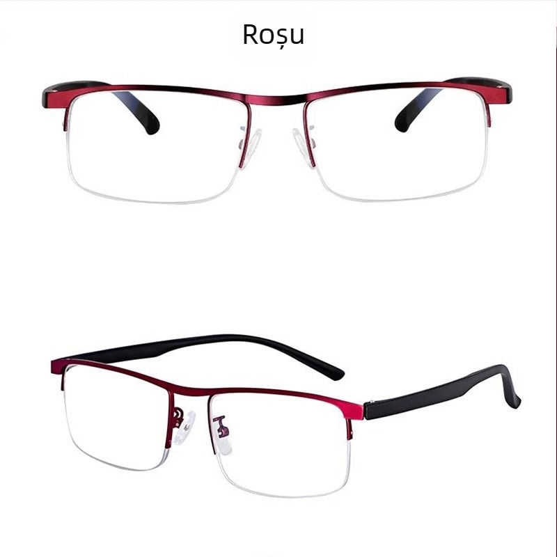 Ochelari de citit cu lentile din rășină, ramă metalică semi-încadrată, formă pătrată