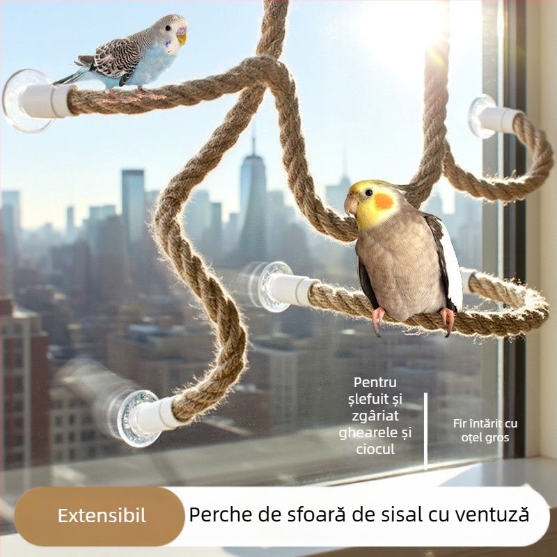 Jucărie de cățărare pentru păsări din sfoară de iută, cu ventuză, pentru păsări adulte, accesoriu pentru cușcă