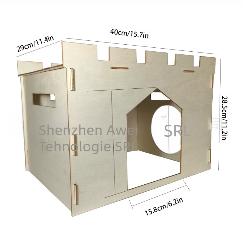 Cuib de animale de companie din lemn cu balcon spațios și castel ascuns - qp-1008