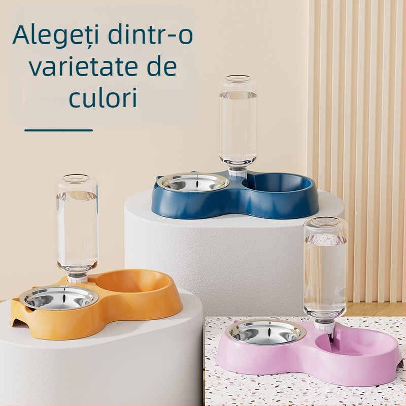 Hrănitor automat pentru pisici și bol de apă din oțel inoxidabil, model 00089613, marca Qiang Hong