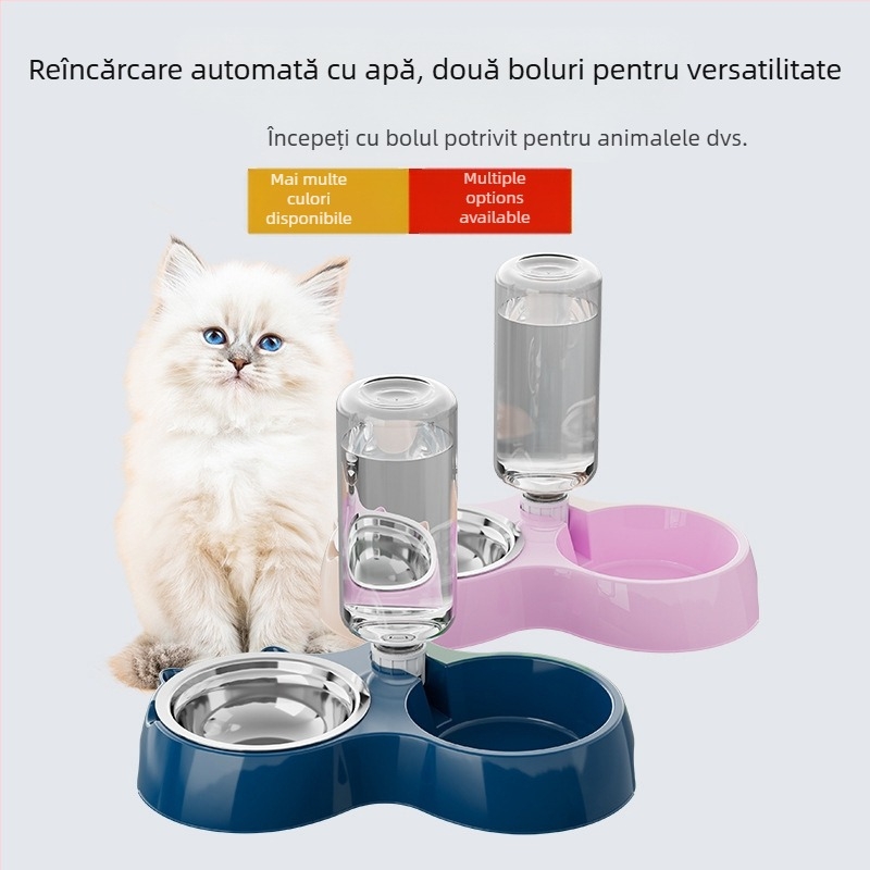 Hrănitor automat pentru pisici și bol de apă din oțel inoxidabil, model 00089613, marca Qiang Hong