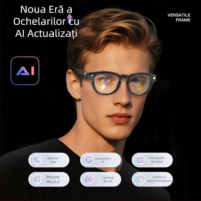 Ochelari inteligenți cu cameră de 8 MP, stocare internă 4 GB, traducere AI în timp real, purtare pe cap, compatibil Android și iOS