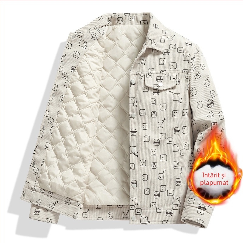Jachetă bărbătească din corduroy imprimat, guler lapel, croială lejeră, închidere cu nasturi la un rând, mâneci lungi