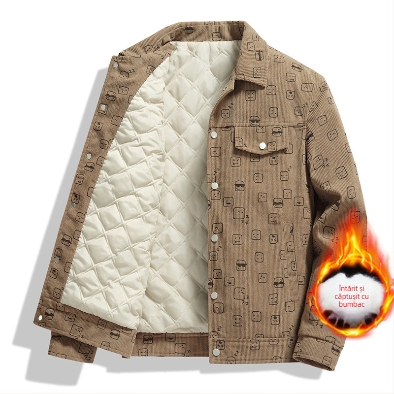 Jachetă bărbătească din corduroy imprimat, guler lapel, croială lejeră, închidere cu nasturi la un rând, mâneci lungi