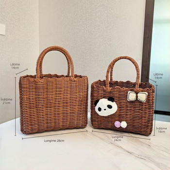 Coș de legume din plastic, cu mâner, aspect imitație ratan, pentru fructe, legume și cosmetică/bijuterii, stil japonez