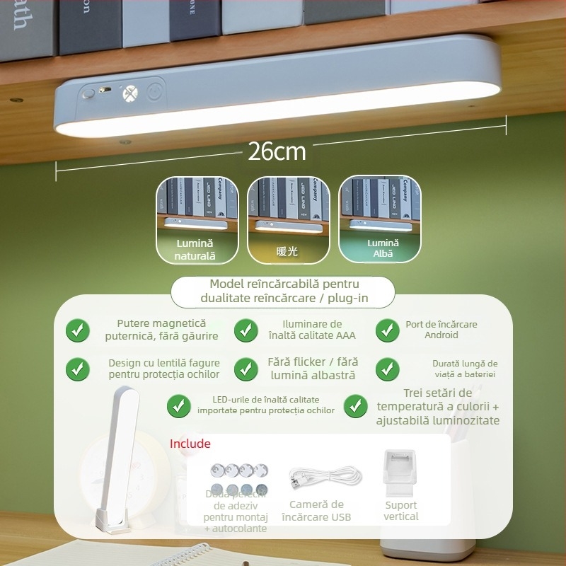 Lampă de studiu pentru birou cu protecție a ochilor, telecomandă, temperaturi de culoare variabile, baterie încorporată, lampă de învățare