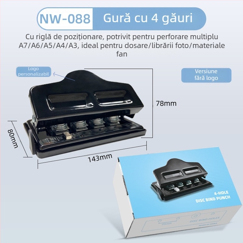 Perforator cu 4 găuri — utilizare manuală, 1–5 coli, greutate 0,45 kg