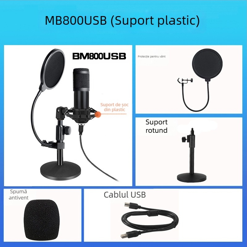 BM-800USB Microfon USB pentru PC, model cardioid, bandă 20Hz-20kHz, SNR ≥70dB, carcasă din aliaj de aluminiu