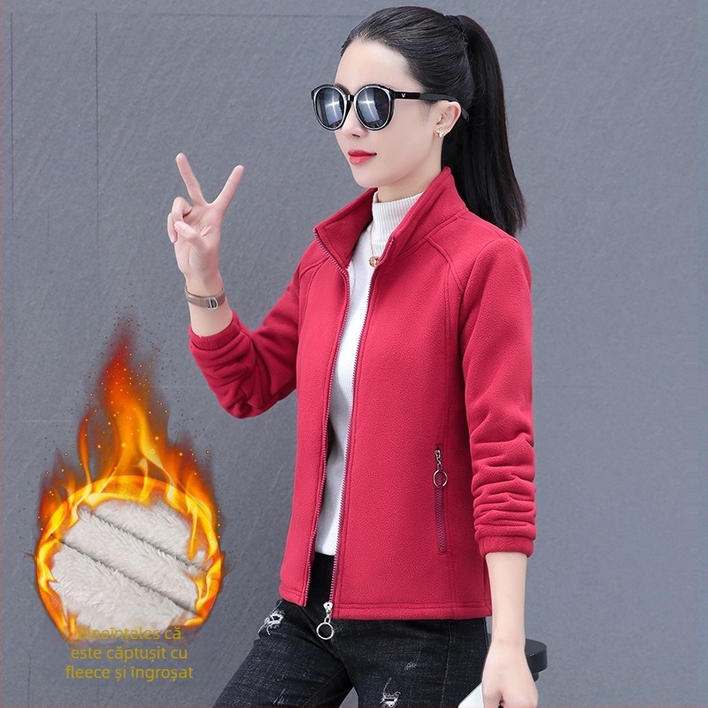Geacă de damă cu guler înalt și căptușeală fleece – caldă, casual, fermoar în față, buzunar interior, poliester, mâneci lungi, primăvara 2023