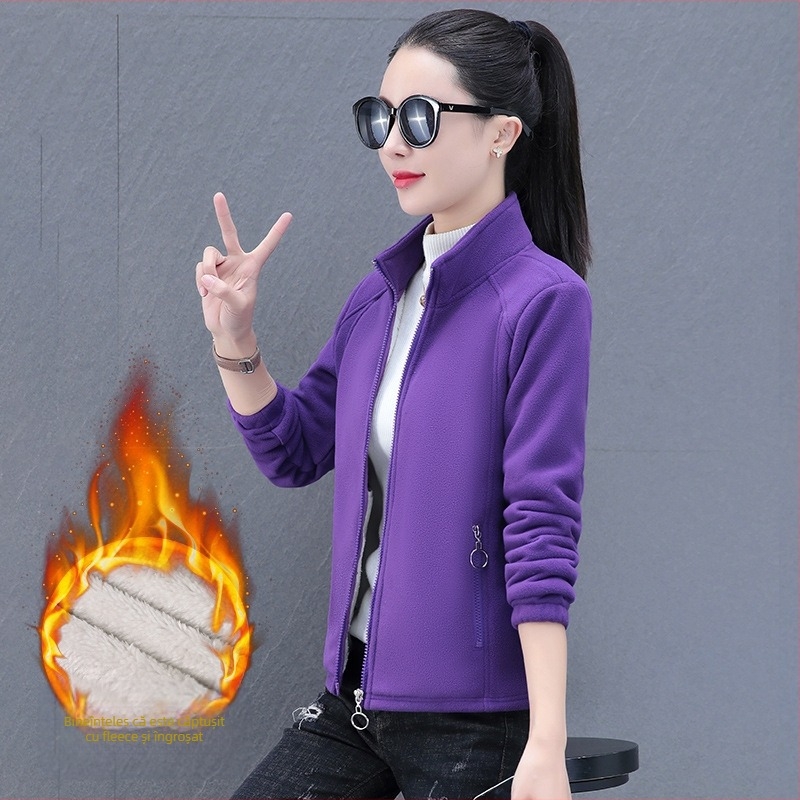 Geacă de damă cu guler înalt și căptușeală fleece – caldă, casual, fermoar în față, buzunar interior, poliester, mâneci lungi, primăvara 2023