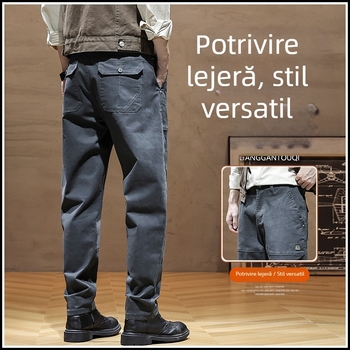 Pantaloni casual de lucru pentru bărbați Harlan, talie înaltă, croială dreaptă, fermoar, țesătură ușoară din bambus cu bumbac, pentru primăvară
