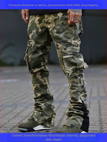 Pantaloni de lucru pentru bărbați Slim-Fit, cu model camuflaj, multiple buzunare, din poliester 100%