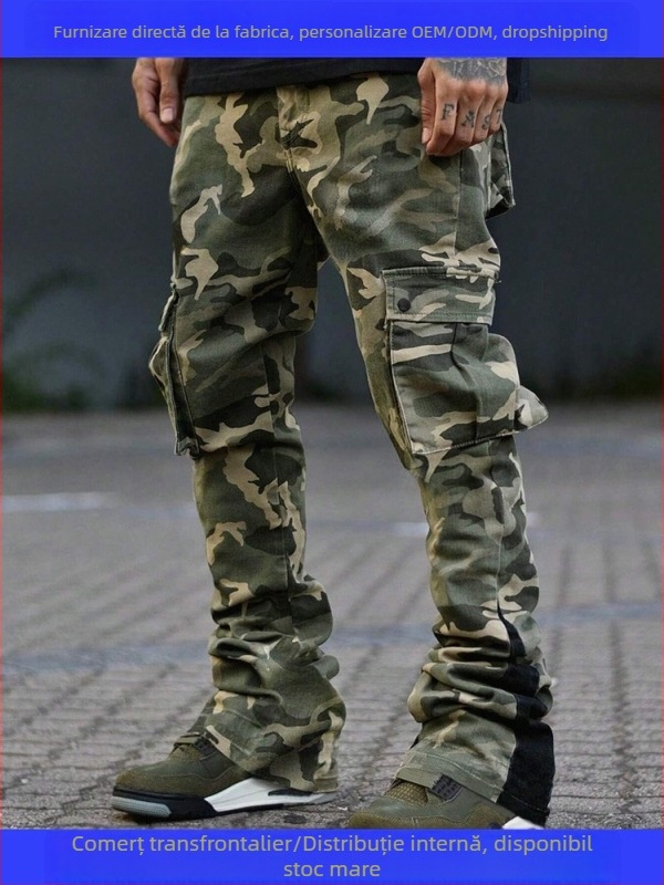 Pantaloni de lucru pentru bărbați Slim-Fit, cu model camuflaj, multiple buzunare, din poliester 100%