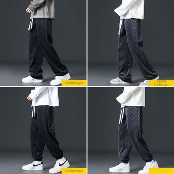 Pantaloni bărbați corduroy, croială lejeră, model pătrat, talie medie