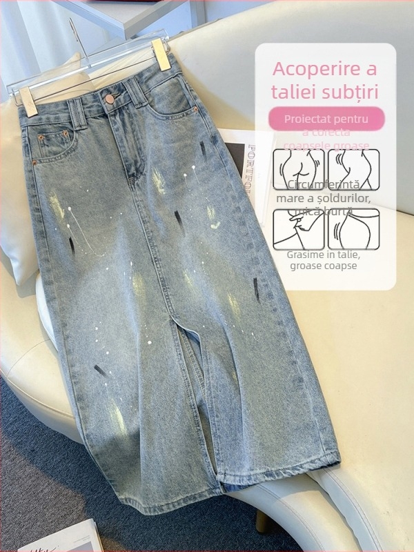 Fustă denim A-line, lungime medie, pentru femei, vară 2025, fără elasticitate