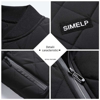 Jachetă bărbați cu guler înalt, croială Slim, căptuțită cu fleece, pentru iarnă, închidere cu un nasture