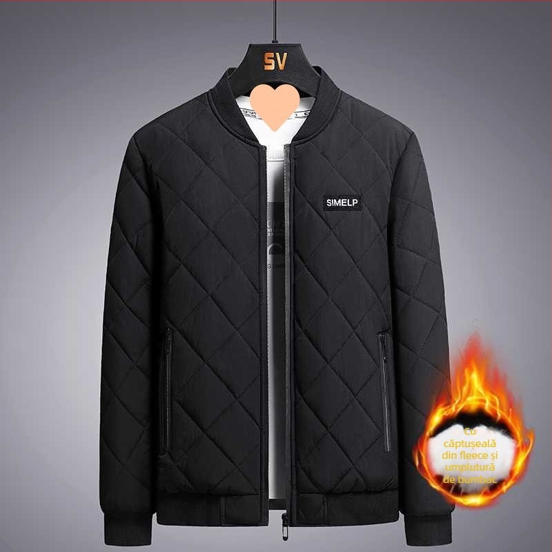 Jachetă bărbați cu guler înalt, croială Slim, căptuțită cu fleece, pentru iarnă, închidere cu un nasture