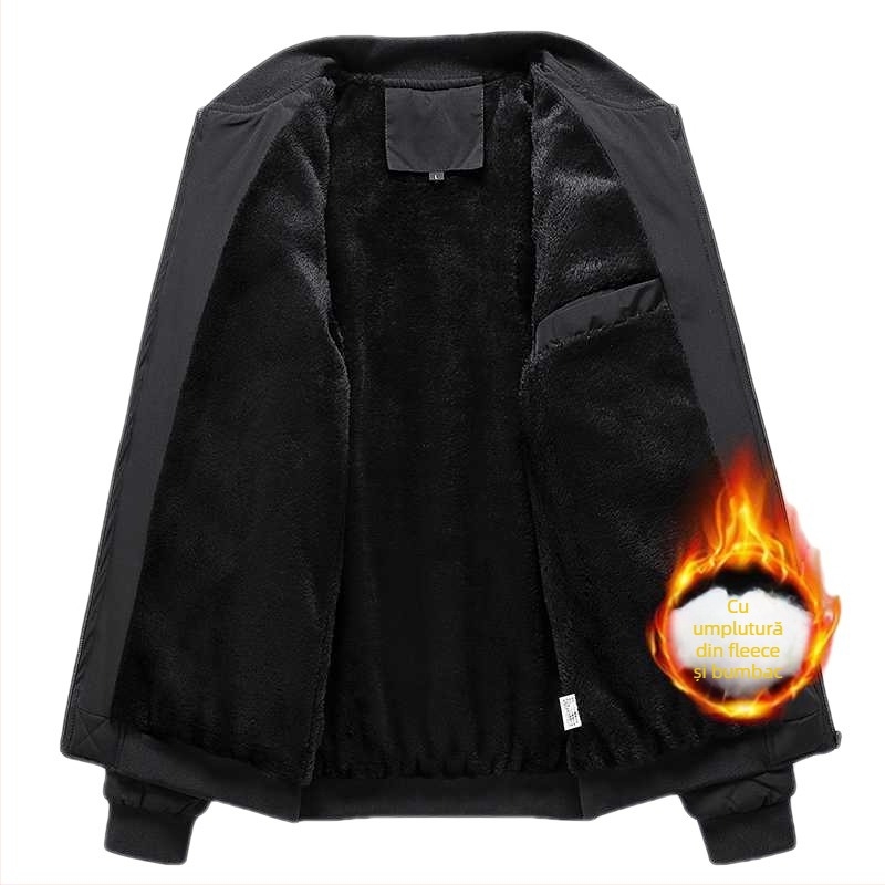Jachetă bărbați cu guler înalt, croială Slim, căptuțită cu fleece, pentru iarnă, închidere cu un nasture