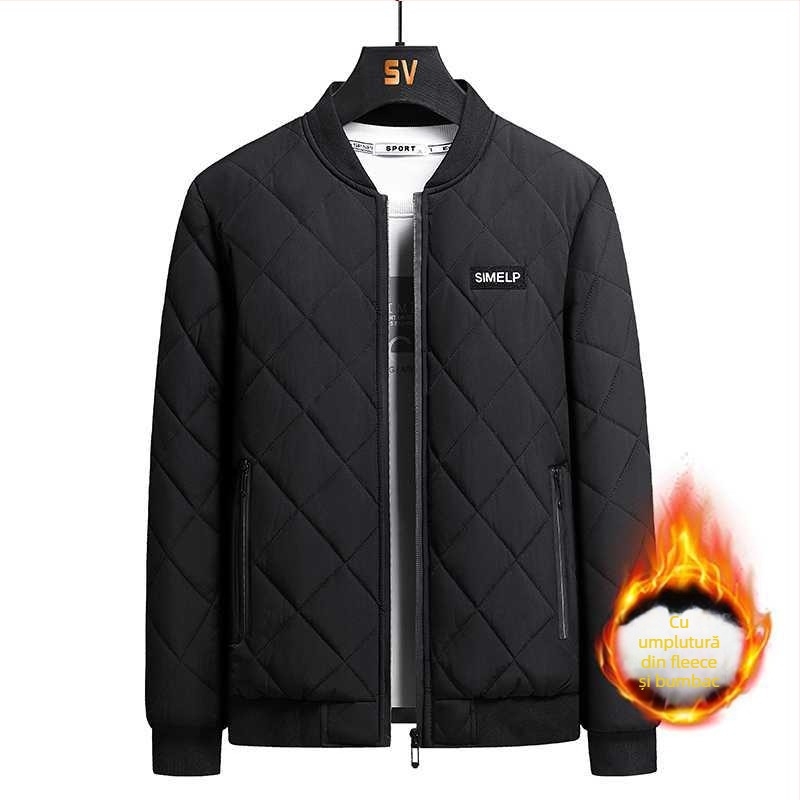Jachetă bărbați cu guler înalt, croială Slim, căptuțită cu fleece, pentru iarnă, închidere cu un nasture