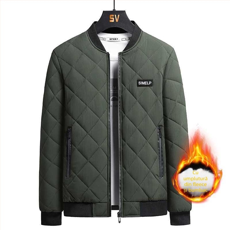 Jachetă bărbați cu guler înalt, croială Slim, căptuțită cu fleece, pentru iarnă, închidere cu un nasture