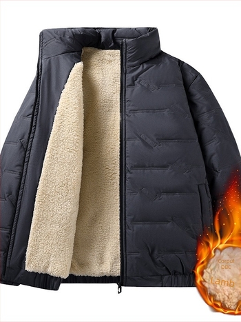 Palton bărbați din bumbac, căptușit cu fleece, guler înalt, fermoar frontal, croială lejeră, gros pentru iarnă