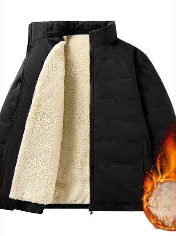 Palton bărbați din bumbac, căptușit cu fleece, guler înalt, fermoar frontal, croială lejeră, gros pentru iarnă