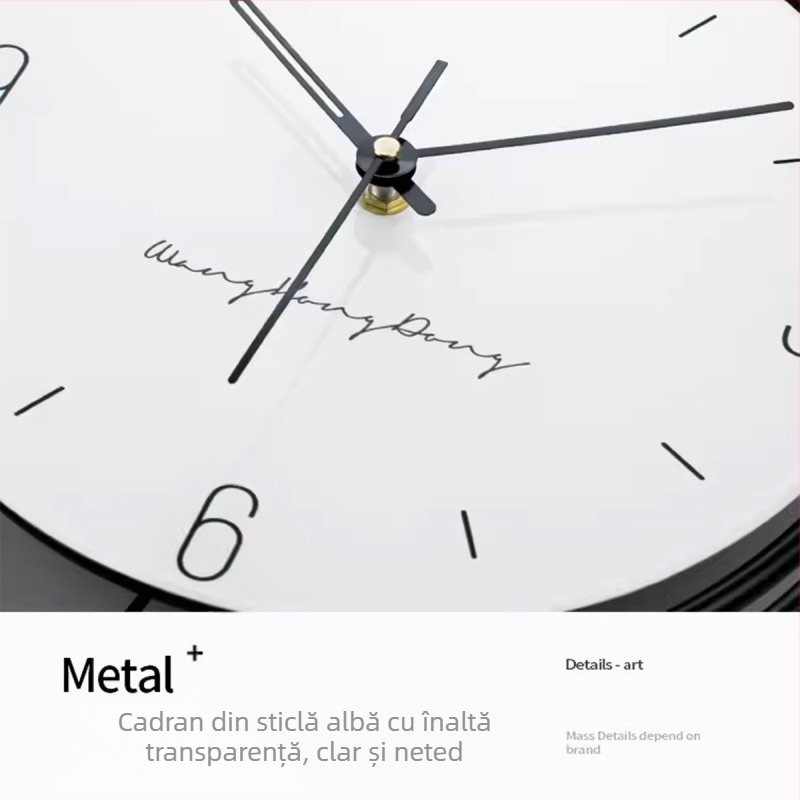 Ceas de perete metalic, modern, model YH323, cadran din sticlă organică, analog, alimentare cu baterii, mișcare sweep, pentru living, dormitor, birou