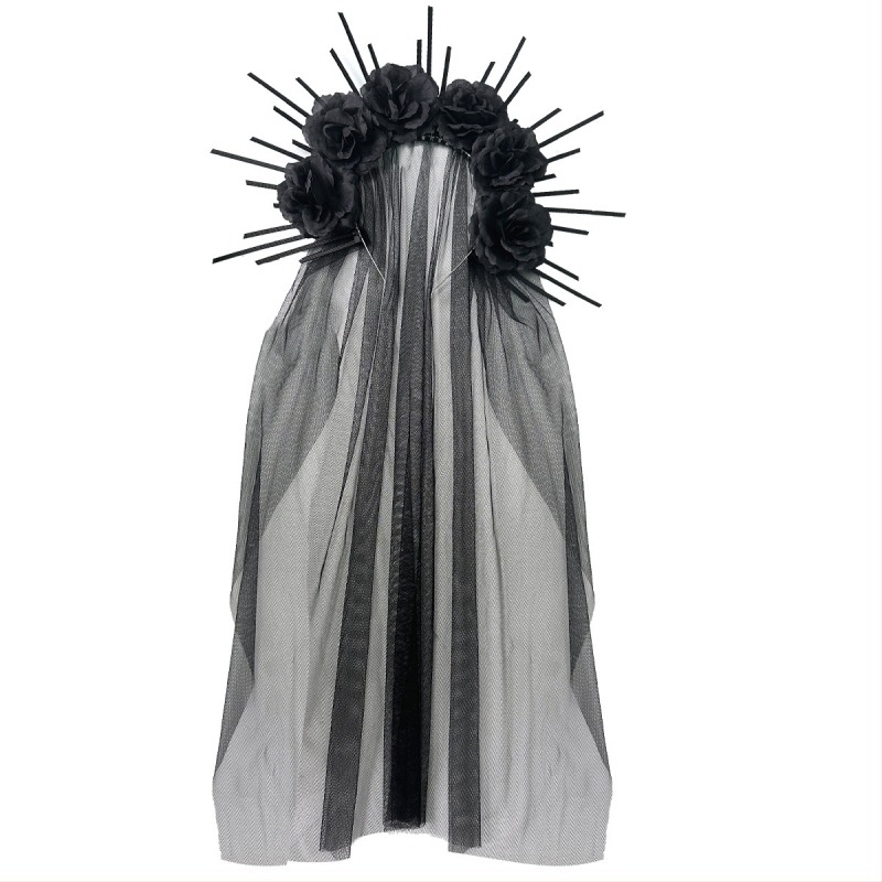 HOWAWAY Coroană pentru cap cu trandafiri negri — nylon, lucrată manual, stil retro literar, accesorii pentru cap pentru femei