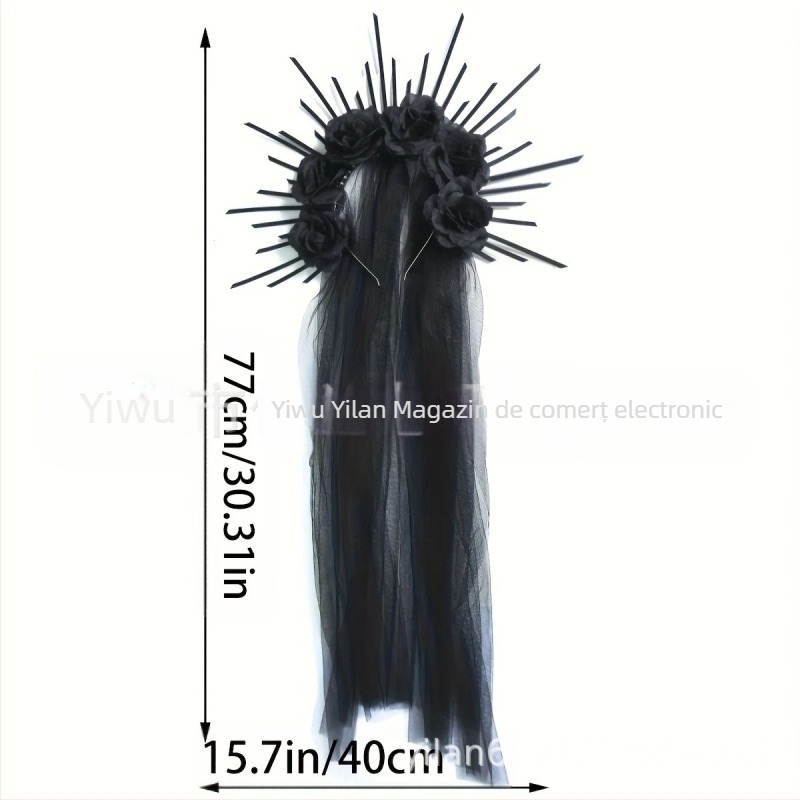 HOWAWAY Coroană pentru cap cu trandafiri negri — nylon, lucrată manual, stil retro literar, accesorii pentru cap pentru femei