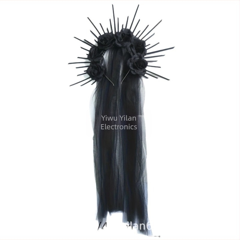 HOWAWAY Coroană pentru cap cu trandafiri negri — nylon, lucrată manual, stil retro literar, accesorii pentru cap pentru femei