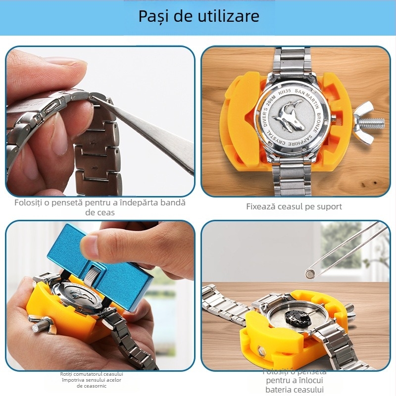 Set de unelte pentru repararea ceasurilor, 3 piese, deschizător capac cu canelură, înlocuire baterie și întreținere