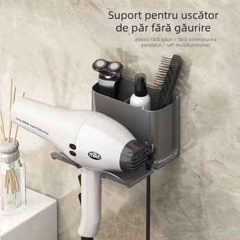 Suport de perete pentru uscător de păr cu raft de depozitare (Material: Plastic; Brand: Altul; Stil: Simplitate modernă; Tratarea suprafeței: Fără; Certificare: Fără)