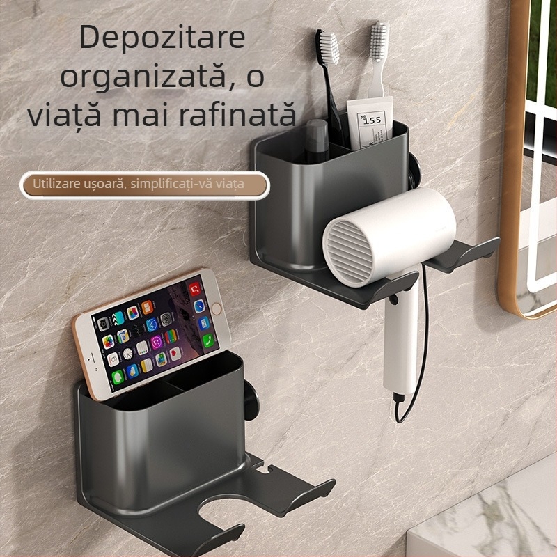 Suport de perete pentru uscător de păr cu raft de depozitare (Material: Plastic; Brand: Altul; Stil: Simplitate modernă; Tratarea suprafeței: Fără; Certificare: Fără)