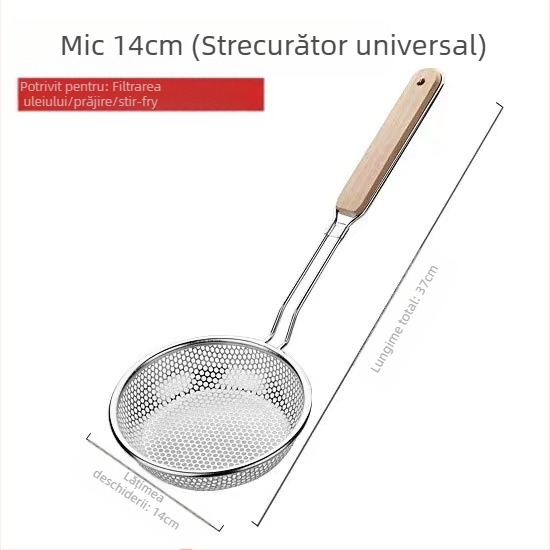 Grilă din oțel inoxidabil cu mâner din lemn – anti-alunecare, anti-arzire, strecurător pentru găluște și tăiței