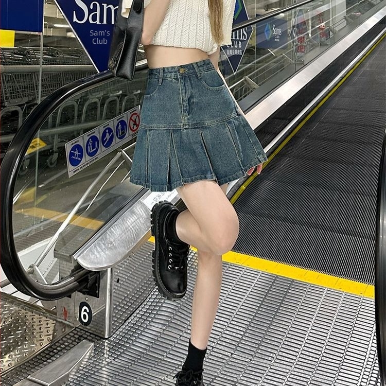 Fustă denim cu talie înaltă, plisată, A-line, mini – pentru femei, vară 2025, stil retro