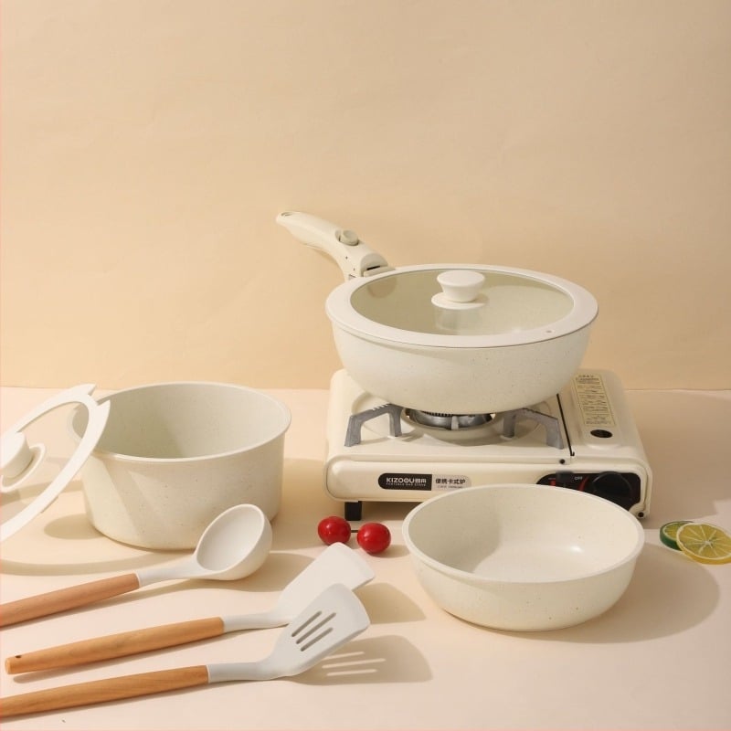 Set de vase cu mâner detașabil — oale și tigăi din aliaj de aluminiu, cu strat antiaderent, fund multiplu de straturi, include oală de lapte, 2 tigăi și capac din silicon-sticlă, compatibil cu plitele cu inducție